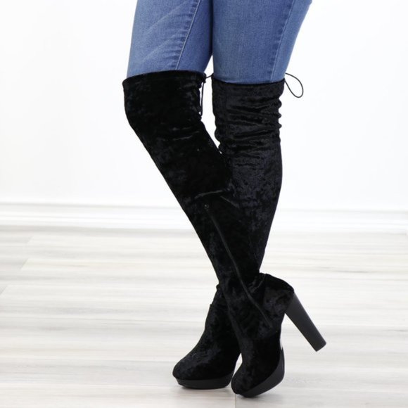 Black Velvet Thigh High Heel Boots Back Tie - Picture 13 of 15